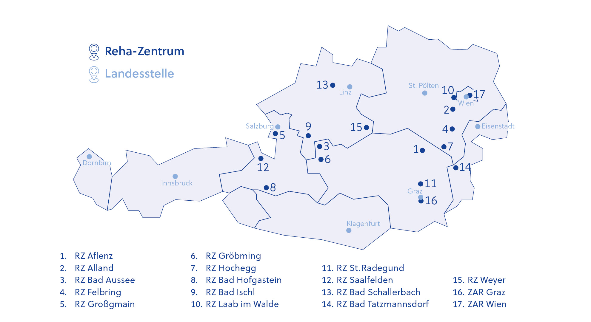 Österreichkarte mit Standorten der 17 Reha-Zentren der Pensionsversicherung